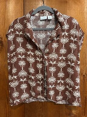 Nicole Miller New York 100% Linen Palm Tree Button Down Camp Shirt Brown White M